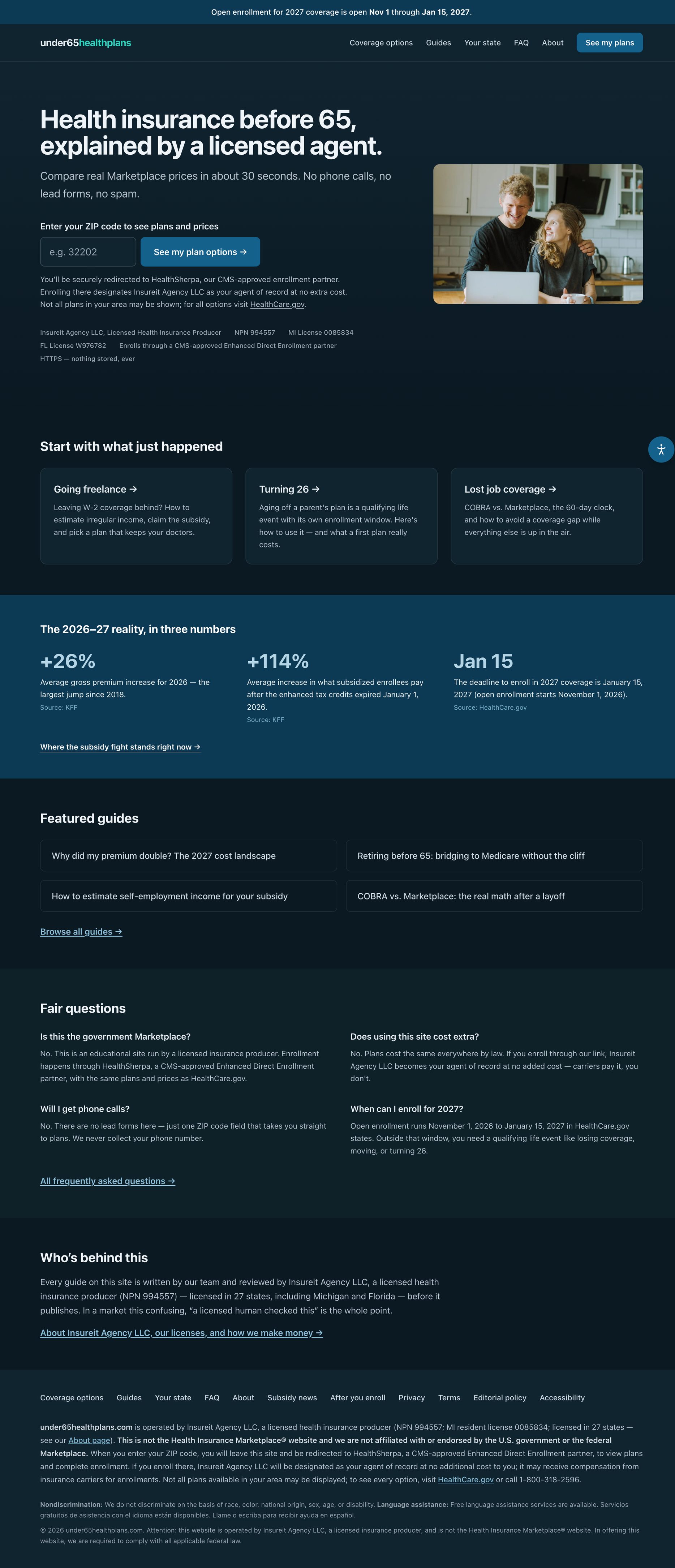 Under65 Health Plans website