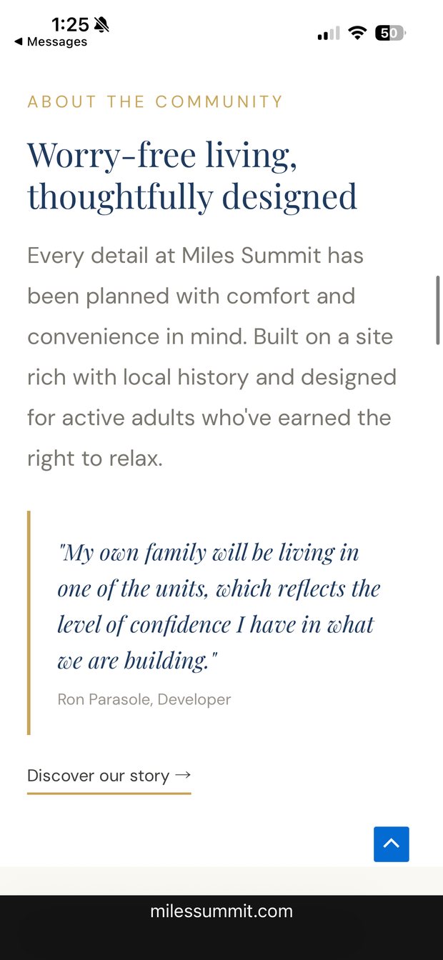 The Miles Summit site on an iPhone, showing large readable body type and a quote from the developer.
